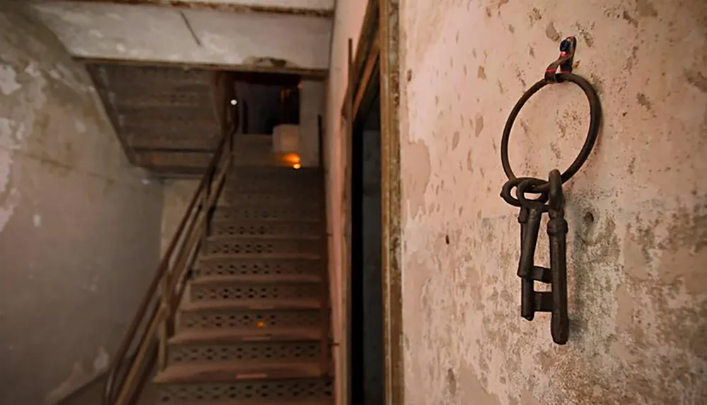 An old set of keys hangs on a ring against a weathered wall with a staircase in the background suggesting a mysterious or historical setting