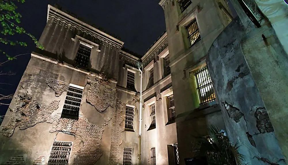 The image shows a dilapidated multi-story building at night illuminated by artificial lights with exposed brickwork and barred windows suggesting a past grandeur now in decay