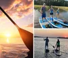 The image captures a person paddling a stand-up paddleboard on calm water during a beautiful sunset