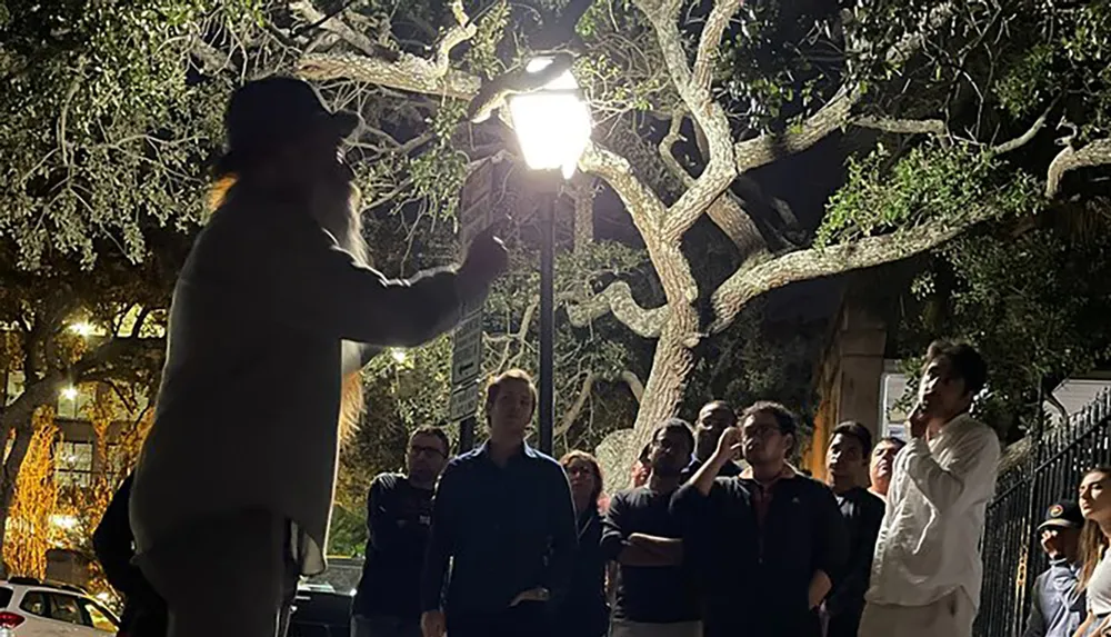 A group of individuals is attentively listening to a person who is standing and gesturing towards a lamppost at night with trees and street lights in the background