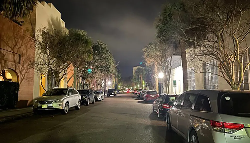 The image depicts a tranquil urban night scene showing a tree-lined street with parked cars and dimly lit buildings under a dark sky