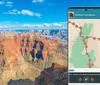 A mobile phone with a map application on its screen is superimposed on a scenic view of the Grand Canyon