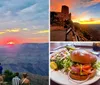 The image is a collage of two contrasting components a majestic canyon under an orange-hued sky and a close-up of a hamburger meal which together could suggest a dining experience with a scenic view