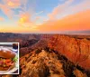 The image is a collage of two contrasting components a majestic canyon under an orange-hued sky and a close-up of a hamburger meal which together could suggest a dining experience with a scenic view