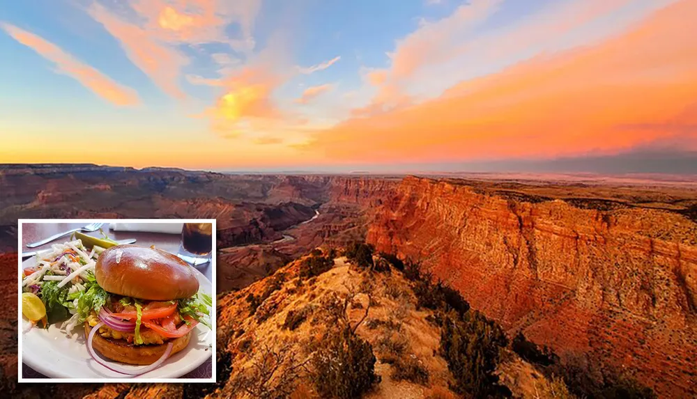 The image is a collage of two contrasting components a majestic canyon under an orange-hued sky and a close-up of a hamburger meal which together could suggest a dining experience with a scenic view