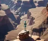 A humanoid figure with a blue head stands atop a rock formation overlooking the vast canyons of what appears to be the Grand Canyon