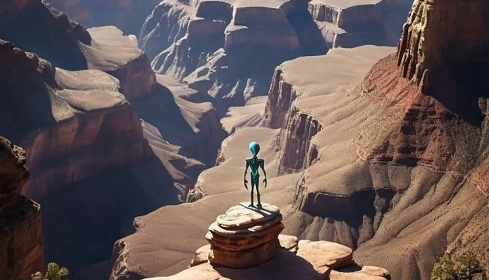 A humanoid figure with a blue head stands atop a rock formation overlooking the vast canyons of what appears to be the Grand Canyon