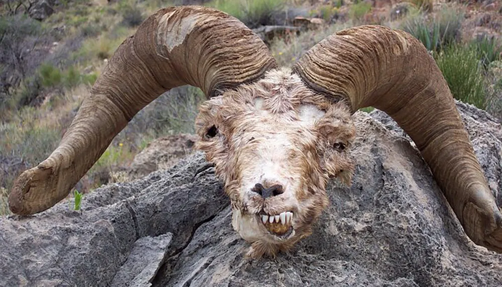 The image shows the severed head of a horned animal with large curled horns lying on a rocky surface