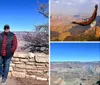 A person in a red and black plaid shirt stands in front of the vast and scenic Grand Canyon under a clear blue sky