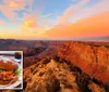 The image features a majestic sunset view over the Grand Canyon with an inset photo of a burger and salad juxtaposing natural wonder with a plated meal