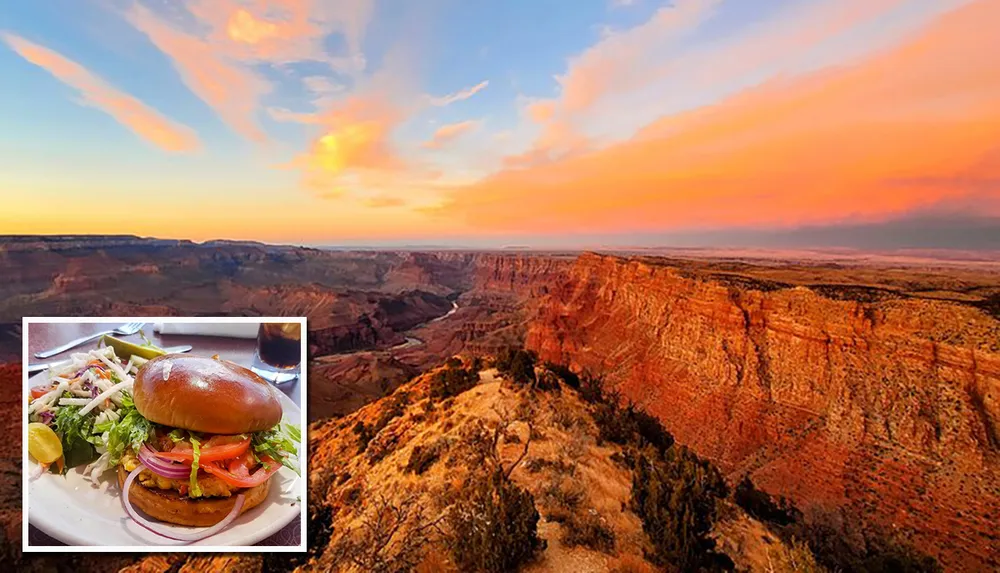 The image features a majestic sunset view over the Grand Canyon with an inset photo of a burger and salad juxtaposing natural wonder with a plated meal