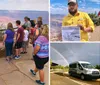 A group of tourists led by a guide in a yellow shirt is observing the vast expanse of the Grand Canyon from a viewpoint behind a safety railing