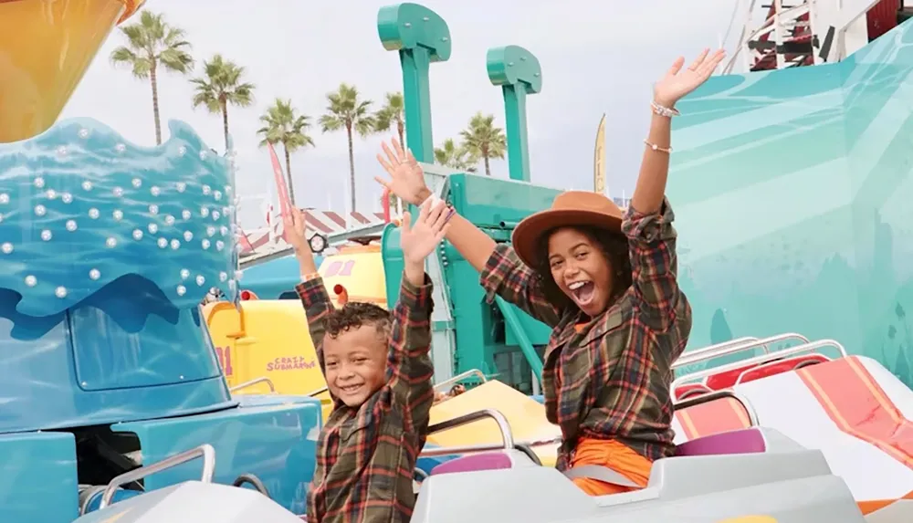 Two people dressed in matching plaid are joyfully raising their arms on an amusement park ride with palm trees in the background