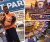 A joyful family is laughing and posing in front of the BELMONT PARK sign at an amusement park