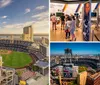 The image shows a panoramic view of a baseball stadium surrounded by city buildings and water under a partly cloudy sky