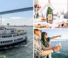 A cruise ship named Admiral Hornblower sails under a large bridge with a scenic shoreline in the background while an inset shows a bottle of Chandon champagne on a table set with food