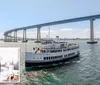 A cruise ship named Admiral Hornblower sails under a large bridge with a scenic shoreline in the background while an inset shows a bottle of Chandon champagne on a table set with food