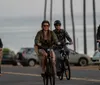 Four people are riding bicycles along a coastal road with palm trees and parked cars in the background