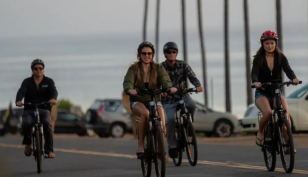 Four people are riding bicycles along a coastal road with palm trees and parked cars in the background