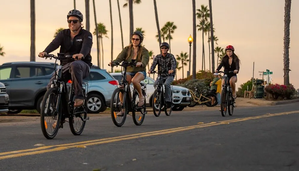 Four people are riding bicycles along a road lined with cars and palm trees at sunset