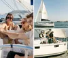 A group of people is enjoying drinks and smiling on a sailboat under sunny skies