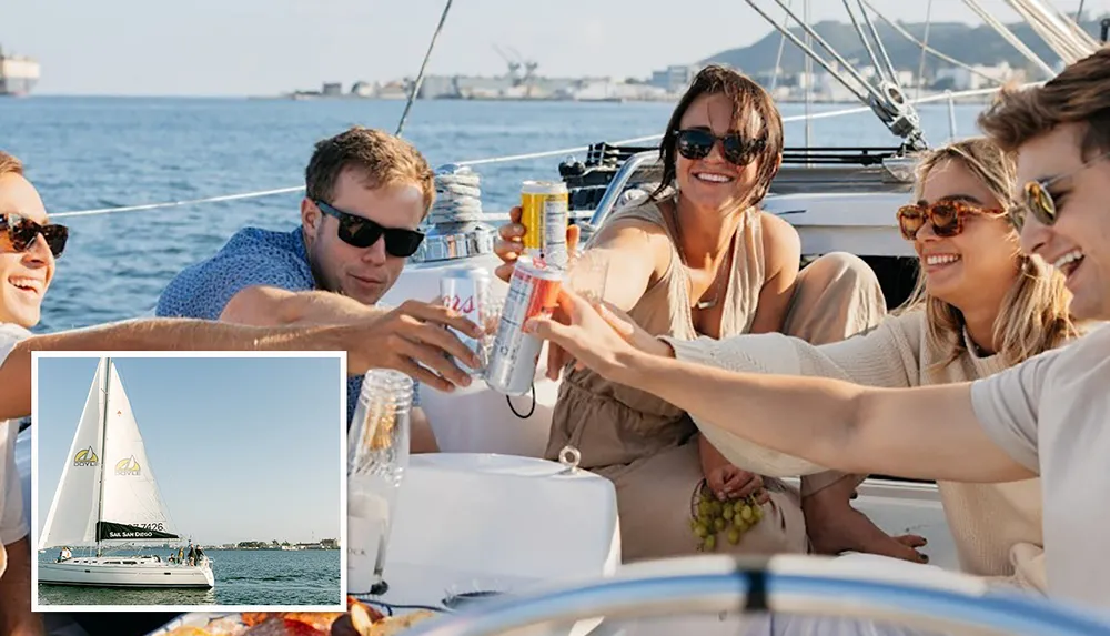 A group of people is enjoying drinks and smiling on a sailboat under sunny skies