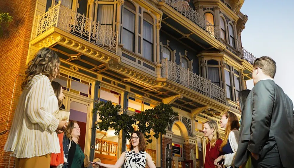 A group of people is gathered outside an ornate multi-story Victorian-style building at dusk