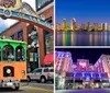 A city tour trolley passes under the Historic Heart of San Diego arch in a vibrant urban setting