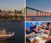 A white ship named Admiral Hornblower sails under a large bridge with a plate of roasted chicken and vegetables inset in the foreground