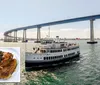 A white ship named Admiral Hornblower sails under a large bridge with a plate of roasted chicken and vegetables inset in the foreground