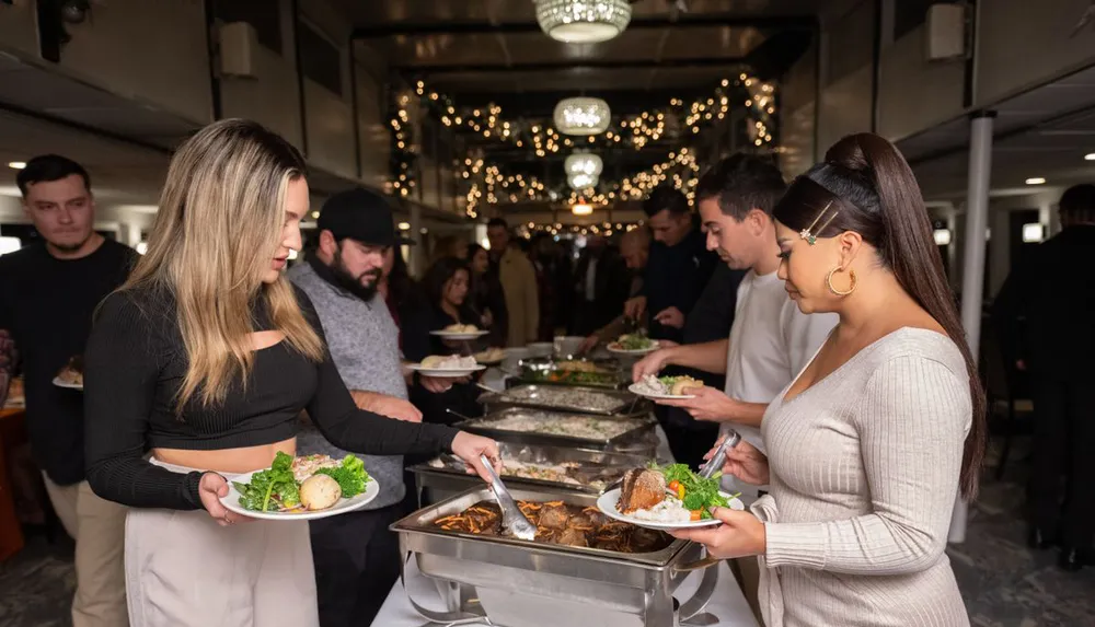 People are serving themselves food from a buffet at a festive gathering with string lights overhead