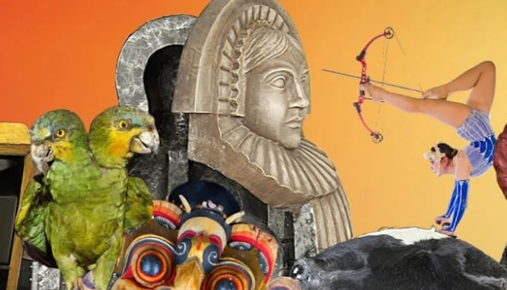 The image is a collage featuring two green parrots a stone sculpture of a face a colorful carved mask a contortionist with a bow and arrow and a cow all set against an orange background