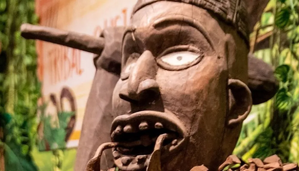 The image shows a close-up of a detailed wooden sculpture with a fierce expression and intricate carvings