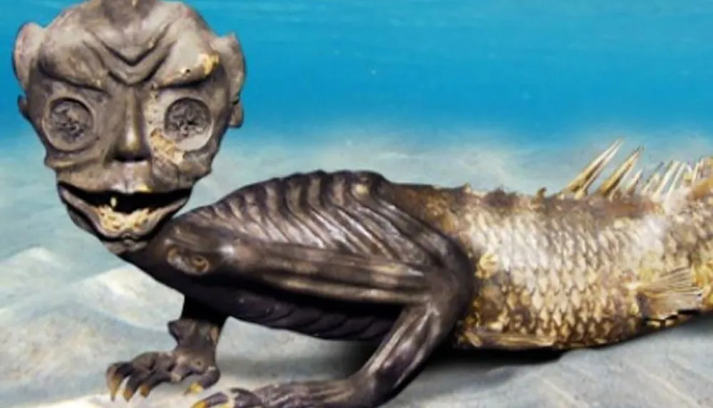 The image shows a bizarre creature with a fish-like body and a face resembling a carved mask