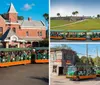 A group of people is riding a tour trolley in a town with historic-looking buildings in the background