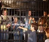 A group of people are playfully posing behind a jail cell with two children holding a set of keys outside the bars