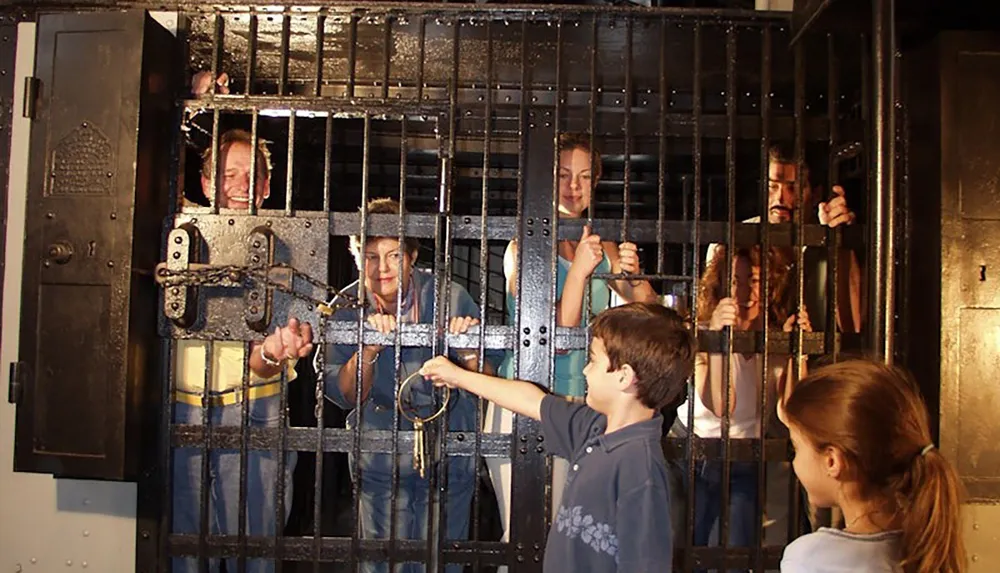 A group of people are playfully posing behind a jail cell with two children holding a set of keys outside the bars