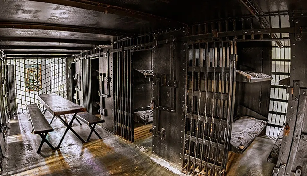 The image shows an old jail cell with metal barred doors bunk beds and a simple wooden table and benches in the center