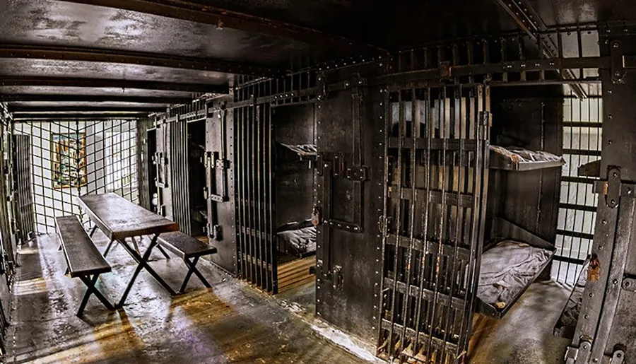 The image shows an old jail cell with metal barred doors, bunk beds, and a simple wooden table and benches in the center.