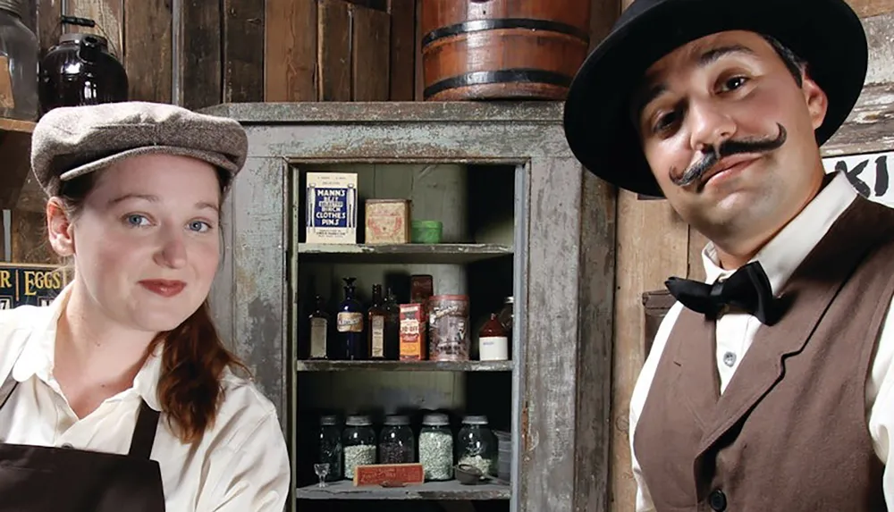 The image shows two people dressed in vintage attire standing in front of an old cabinet filled with various jars and containers