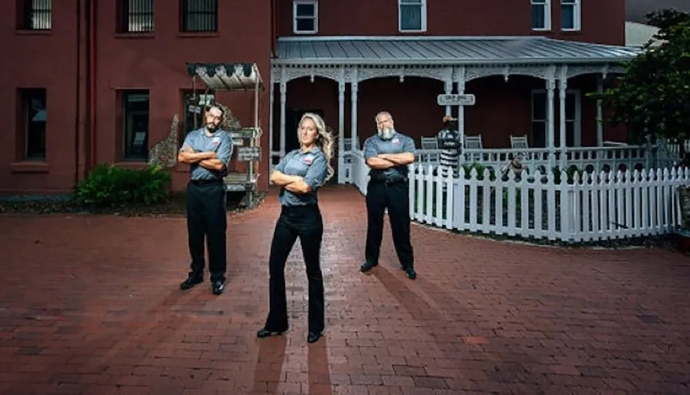 Three people in matching uniforms stand confidently with crossed arms in front of a building with a porch and white picket fence