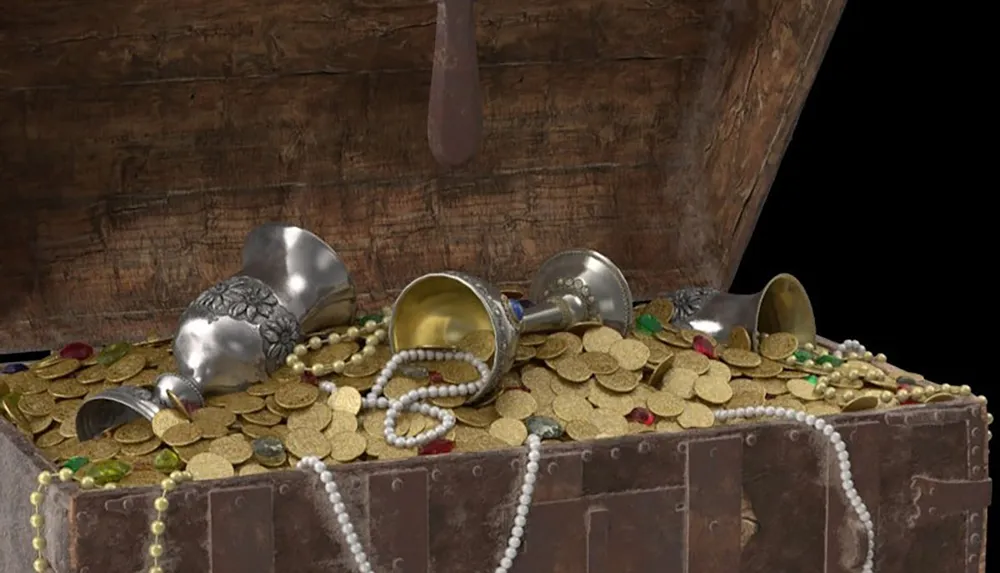 The image depicts an open treasure chest filled with gold coins silver goblets and strands of pearls