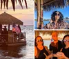 A tiki bar-style floating deck with people on board flutters the American flag against a backdrop of a sunset over serene waters