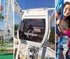 This is a collage of three images depicting different recreational activities a woman playing mini-golf a close-up of a ferris wheel cabin labeled SkyWheel and two kids secured with safety harnesses smiling and ready for an adventure activity