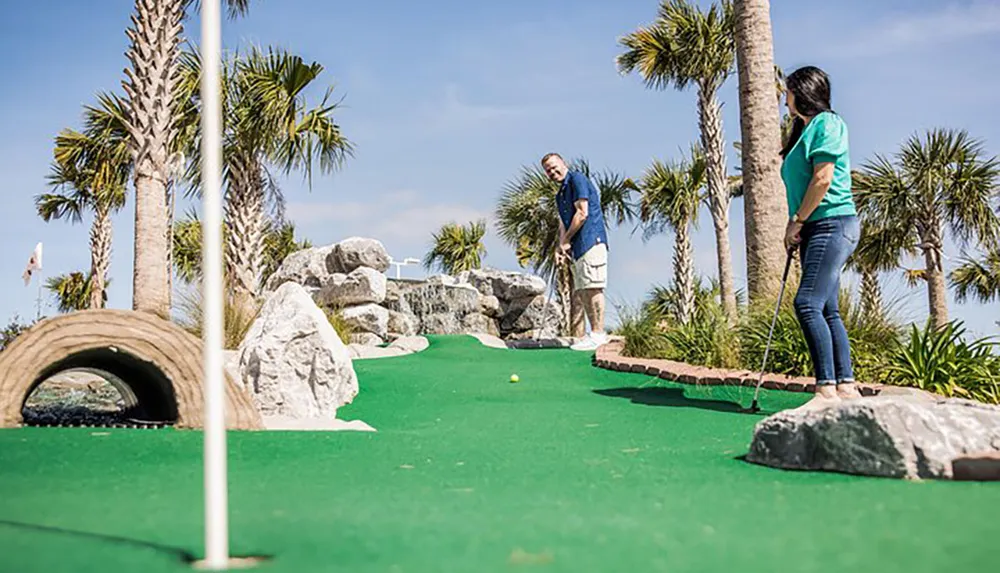 Two people are playing mini-golf on a course with palm trees and decorative rocks under a clear blue sky