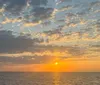 A group of people are enjoying a sunset cruise on a boat with a view of the distant city skyline