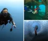 A diver with a prosthetic leg is swimming underwater equipped with fins a diving mask and a snorkel
