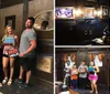 Four people are posing with humorous signs indicating their different experiences after solving an escape room challenge themed around a stolen relic