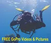 A scuba diver is making a hand signal underwater with text overlay promoting free GoPro videos and pictures