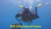 A scuba diver is making a hand signal underwater, with text overlay promoting free GoPro videos and pictures.